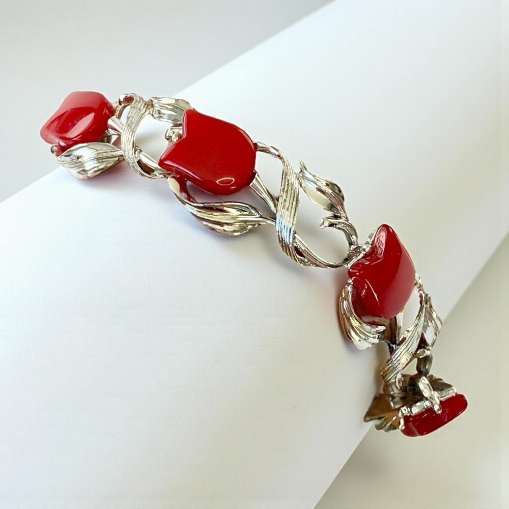 Vintage Red Tulip Thermoset Golden Silver Link Bracelet Signed STAR. - Picture 2 of 7
